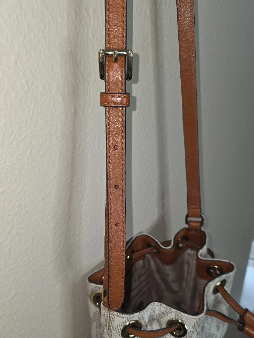 Michael Kors Vanilla Small MK Logo Canvas Fulton Drawstring Crossbody Bucket Bag